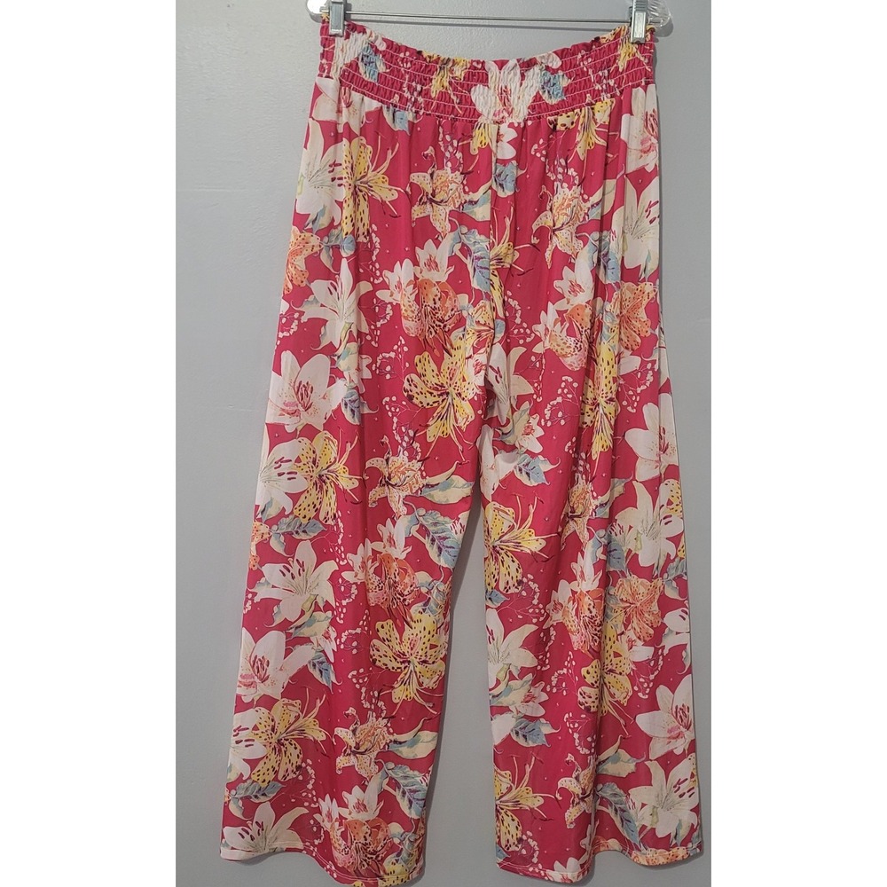West Loop Wide Leg Pull On Pants Pink Floral XL Smocked Waist Tassel Tropical - Picture 3 of 8